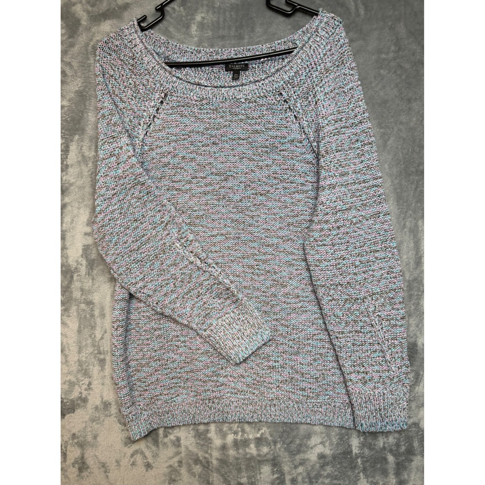 Talbots Plus Petite Space Dye Knit Sweater Purple Turquoise 3XP Raglan Pointelle